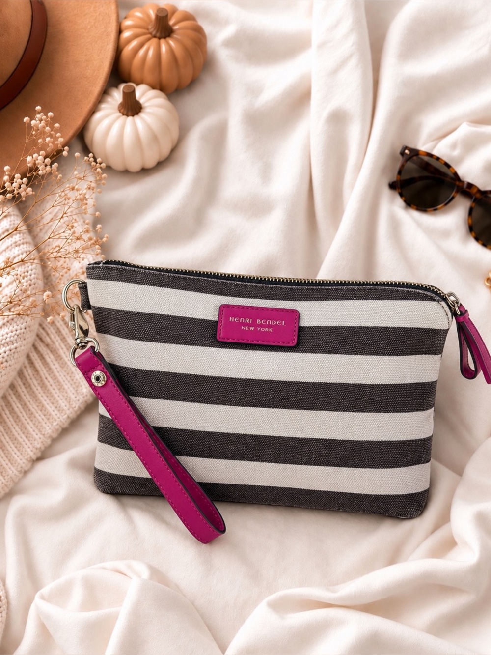 Henri Bendel Brown& White Stripe Wristlet with Pink Trim